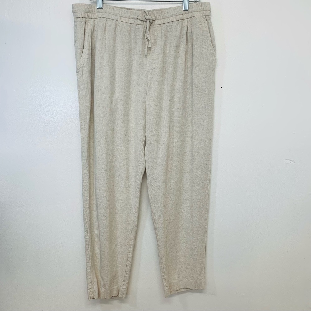 Zara Pants Woman XL Linen Blend Pull On Drawstring Pockets Neutral Tapered Ankle